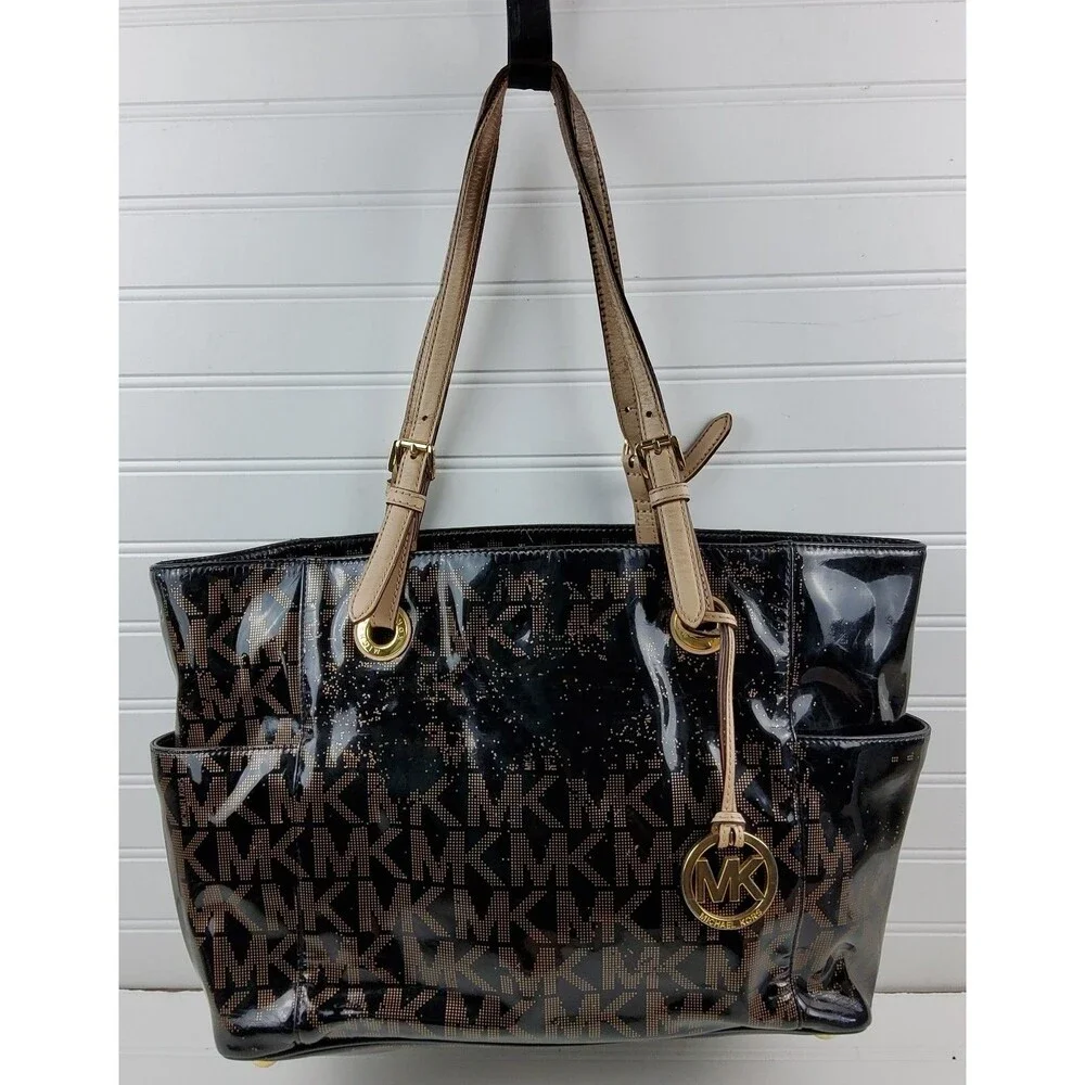 Michael Kors MK Patent Signature Tote Shoulder Handbag Purse DAMAGED